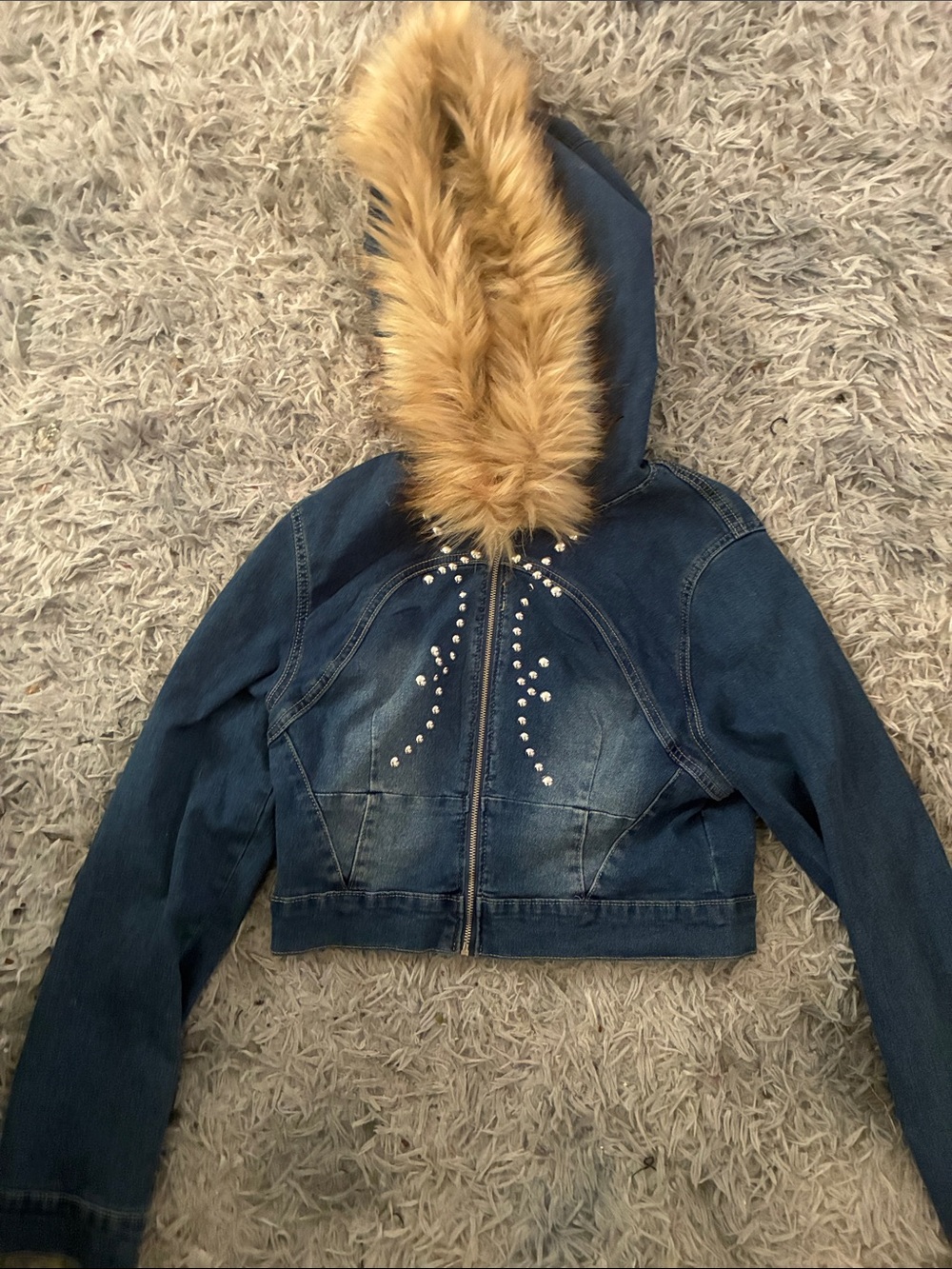 Women's Blue Denim Jacket with Faux Fur Hood